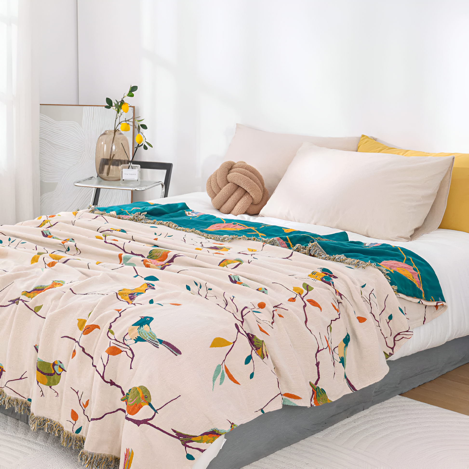 Cotton Blanket With Whimsical Bird Design And Tassels - Lightweight Cozy Home Decor, Perfect For Indoor Or Outdoor Use 0
