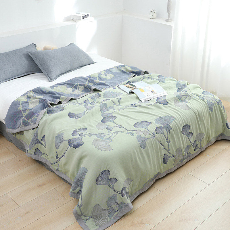 Cotton gauze quilt – Reversible Ginkgo leaf design – Eco-friendly summer blanket – Lightweight and breathable 0