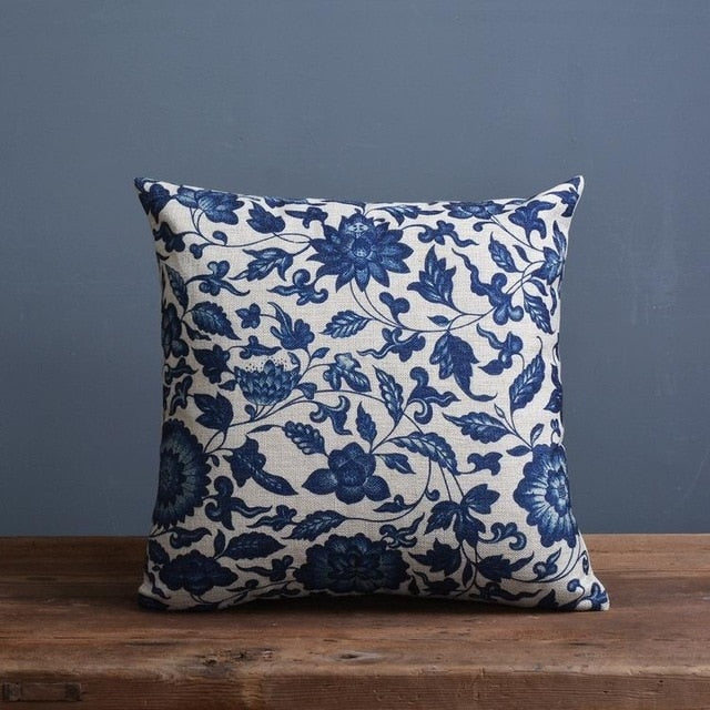 Couch cushion cover – Linen-cotton blend – Imperial blue – Traditional Chinese porcelain pattern – 17.7 x 17.7 in 0