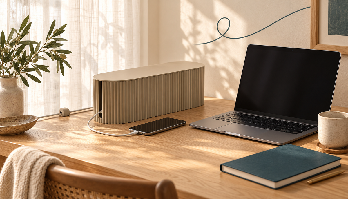 Minimal home office desk with neatly organized charging cords and a neutral cable box