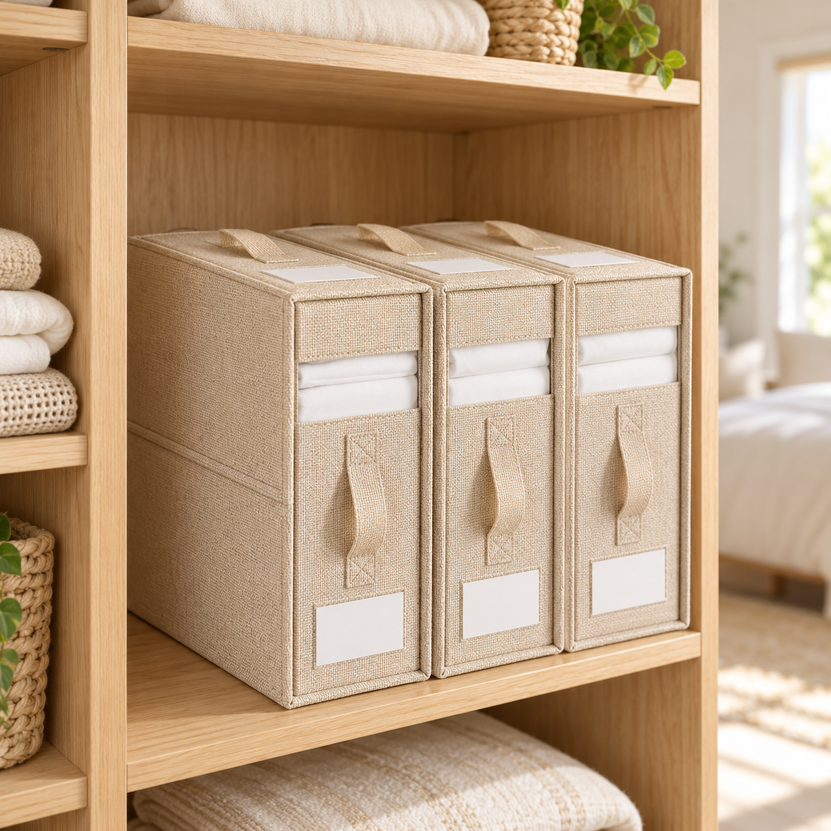 Three beige fabric storage boxes with clear front panels and fabric handles, arranged on a wooden shelf in a bright, tidy room.
