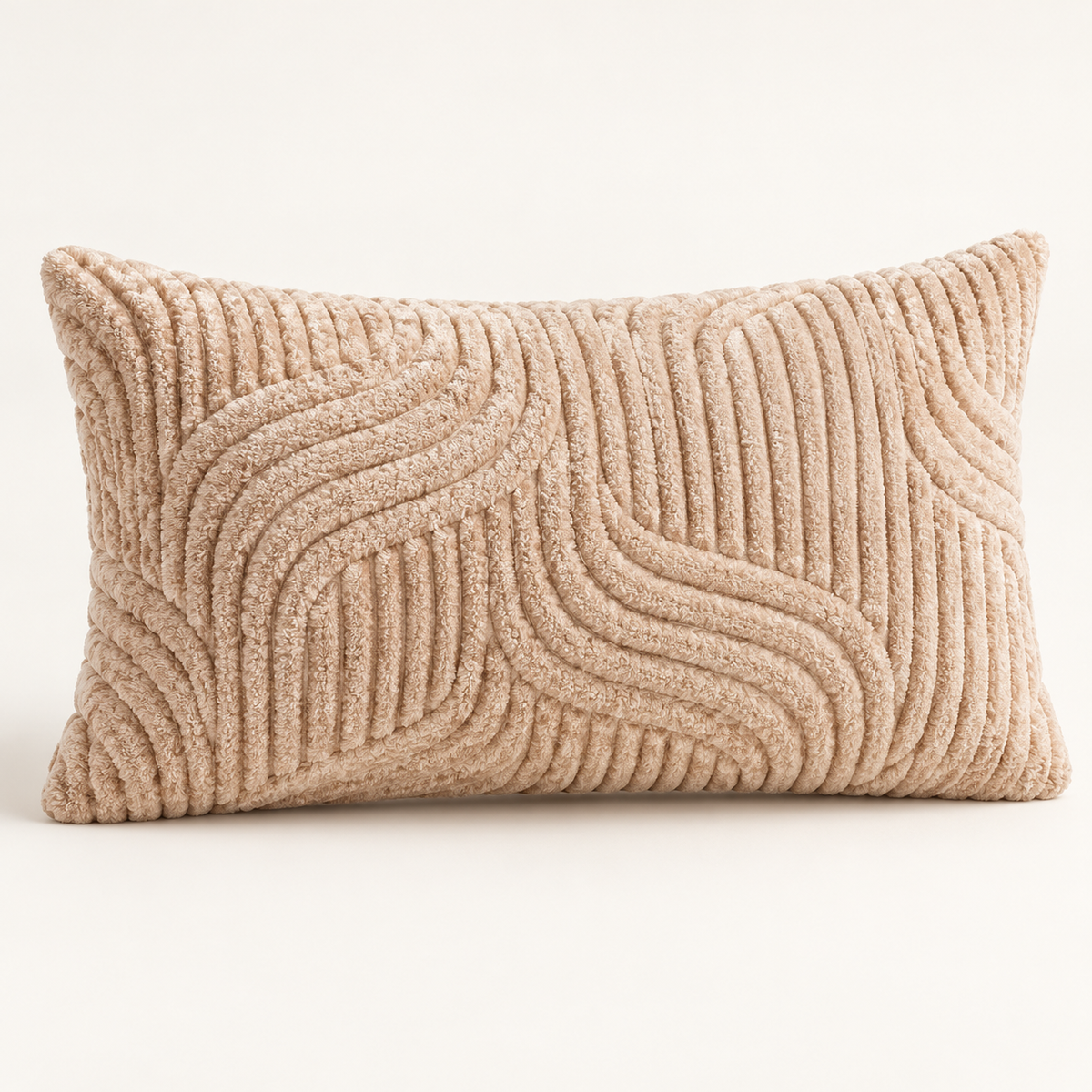 A rectangular lumbar throw pillow in a textured beige bouclé fabric with a raised wavy pattern, shown against a plain off-white background.