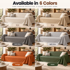 A 2x3 collage showing sofa slipcovers in six colors: Sand, Beige, Dark Gray, Light Gray, Orange, and Green. Each panel shows a sofa in a living room setting with the cover draped over it, and each color has a label underneath.