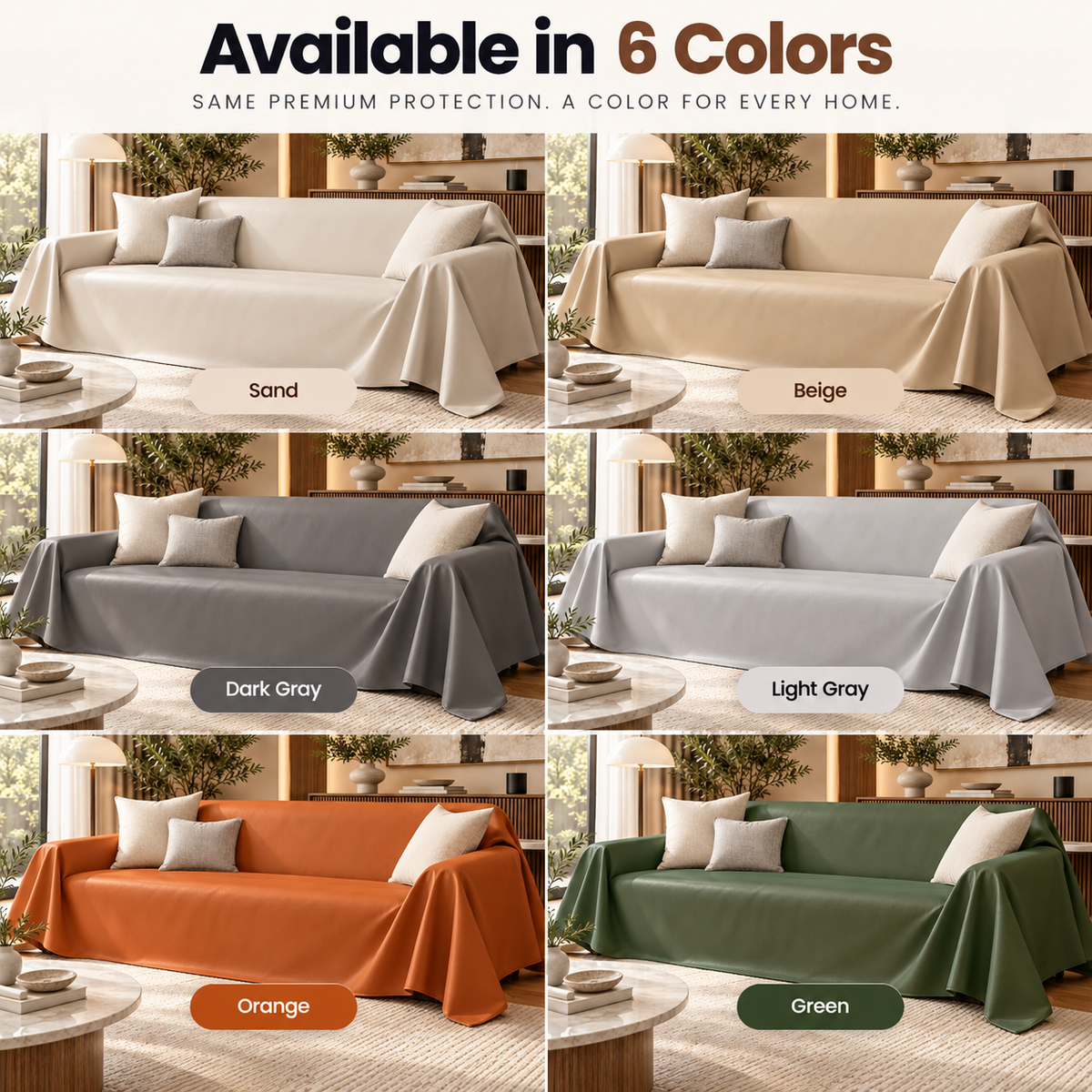 A 2x3 collage showing sofa slipcovers in six colors: Sand, Beige, Dark Gray, Light Gray, Orange, and Green. Each panel shows a sofa in a living room setting with the cover draped over it, and each color has a label underneath.