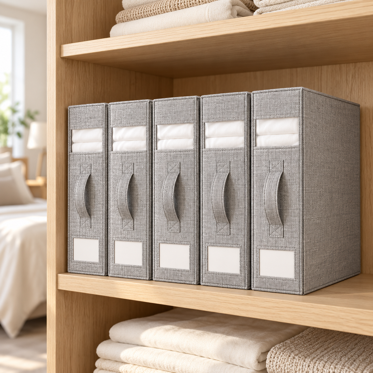 Five gray fabric storage organizers with fabric handles, arranged on a wooden shelf next to folded white towels.