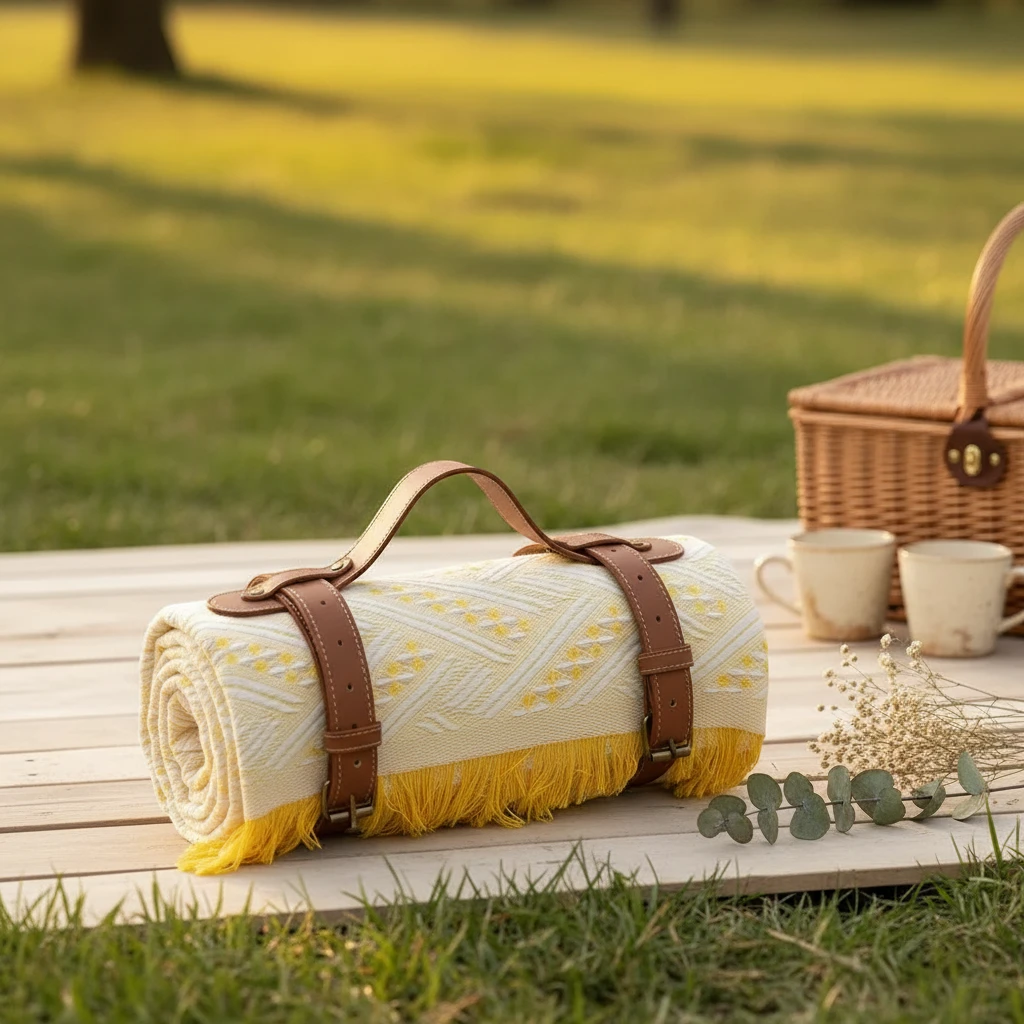 Waterproof Picnic Blanket – Large Woven Mat with PU-Leather Straps