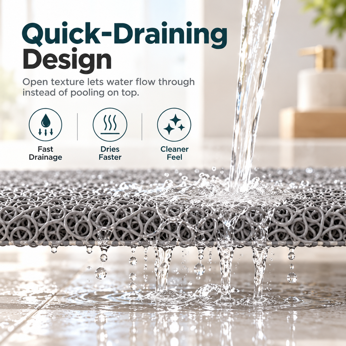 A gray textured mat with a quick-draining open weave design, shown with water pouring over it in a bright bathroom or kitchen setting. The image includes marketing text and icons highlighting fast drainage, faster drying, and a cleaner feel.