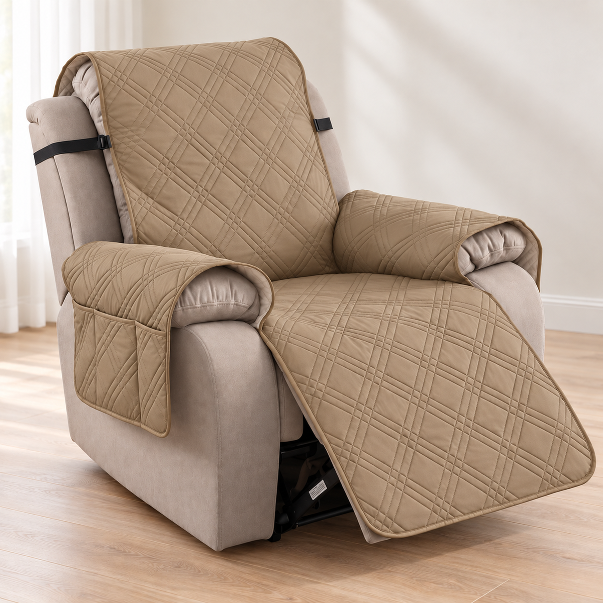 A beige quilted recliner chair cover with a diamond pattern, shown draped over a light gray upholstered recliner in a bright room with wood floors and white curtains.