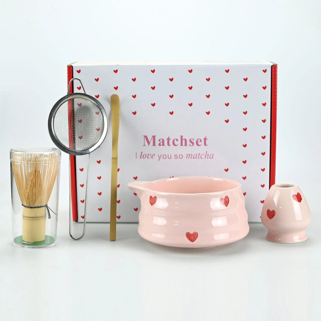 Ceramic Matcha Set with Pink Heart Decals - Complete Matcha Bowl, Whisk, Holder, Bamboo Scoop, and Sifter