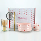 Ceramic Matcha Set with Pink Heart Decals - Complete Matcha Bowl, Whisk, Holder, Bamboo Scoop, and Sifter