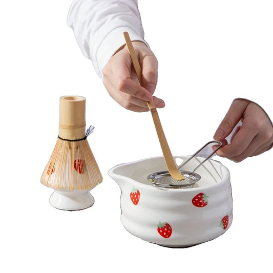 Japanese Strawberry Matcha Bowl Set with Whisk – Cute Ceramic Tea Bowl for Authentic Matcha Experience-1