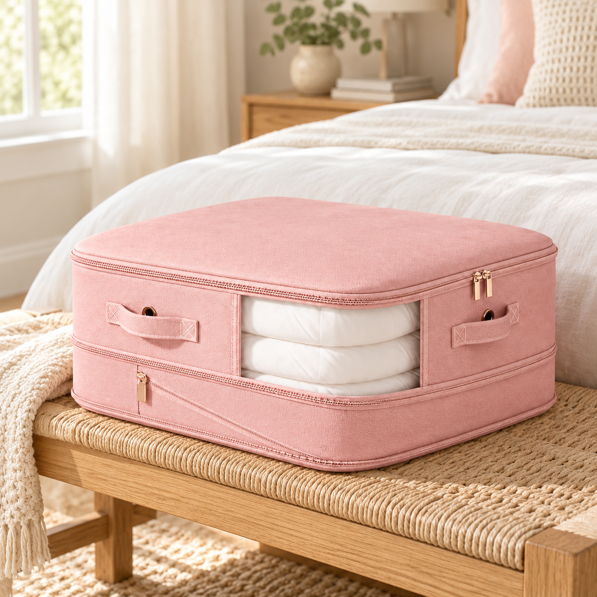 A pink fabric travel organizer box with a clear window showing folded white bedding, placed on a woven bench in a softly lit bedroom.