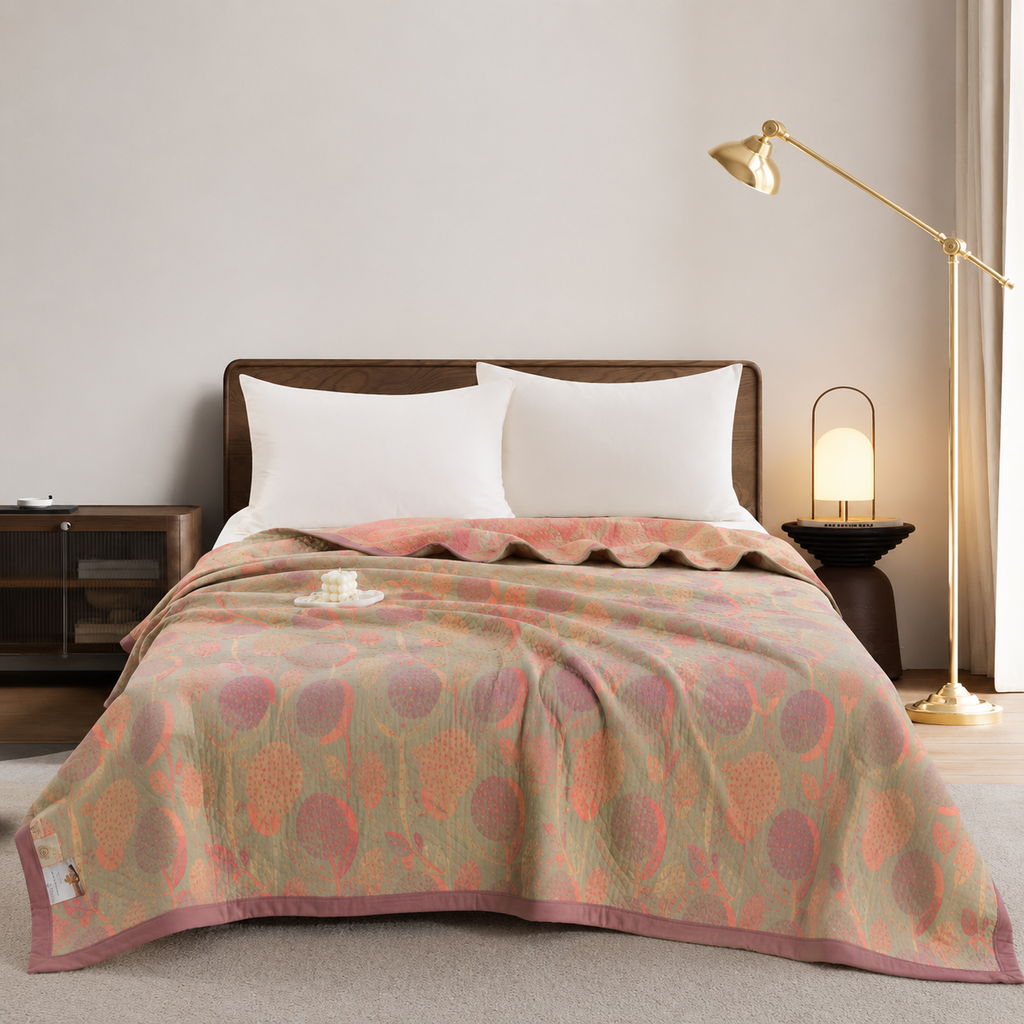 Cotton quilt – Orange ginkgo leaf pattern – Reversible design – Soft and breathable bedding