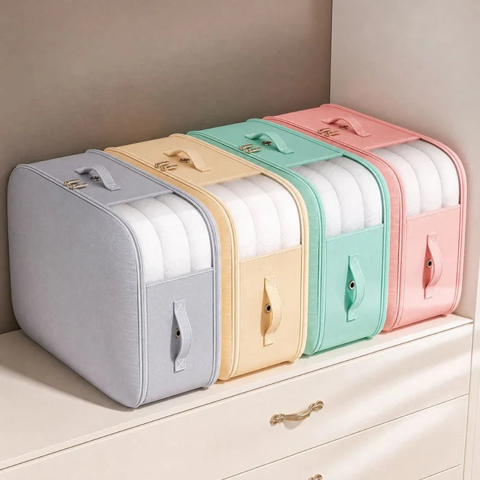 Four fabric organizer bins in light gray, cream, mint green, and pink, each holding white folded towels, arranged on a cream-colored dresser in a bathroom setting.