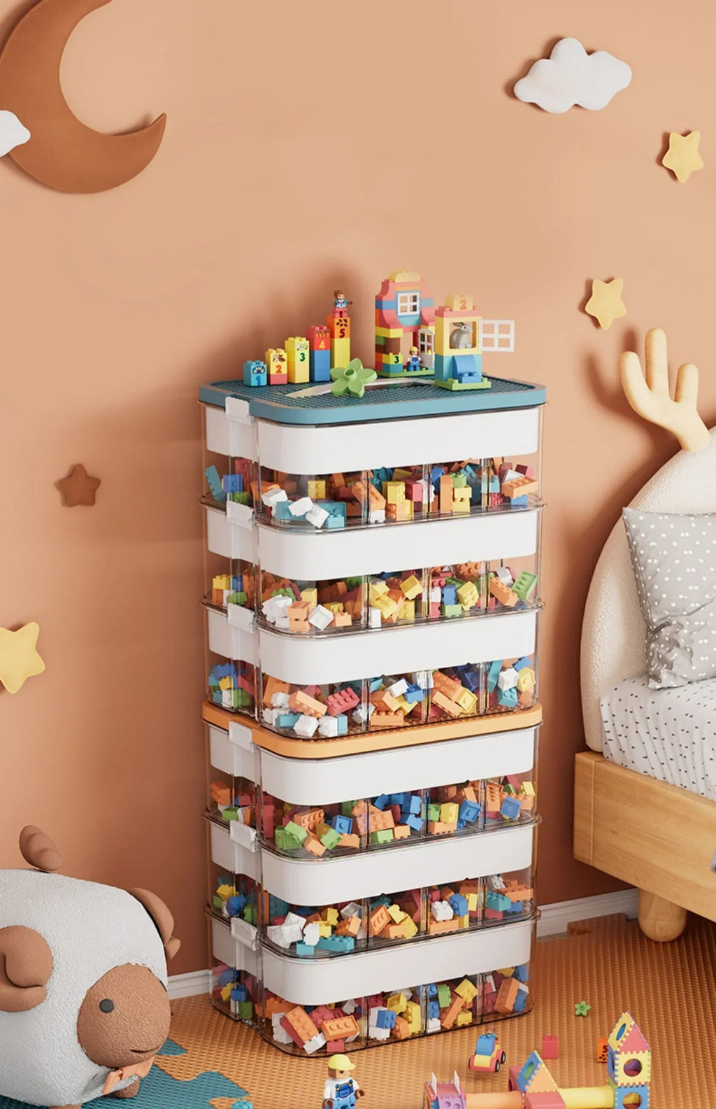 Storage organizer – Durable plastic – Stackable design – Ideal for toys and small items – Modern home or kids' room solution