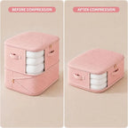 A side-by-side comparison showing a pink fabric storage organizer labeled 'BEFORE COMPRESSION' on the left and 'AFTER COMPRESSION' on the right, with white folded items visible inside. The background is a warm beige.