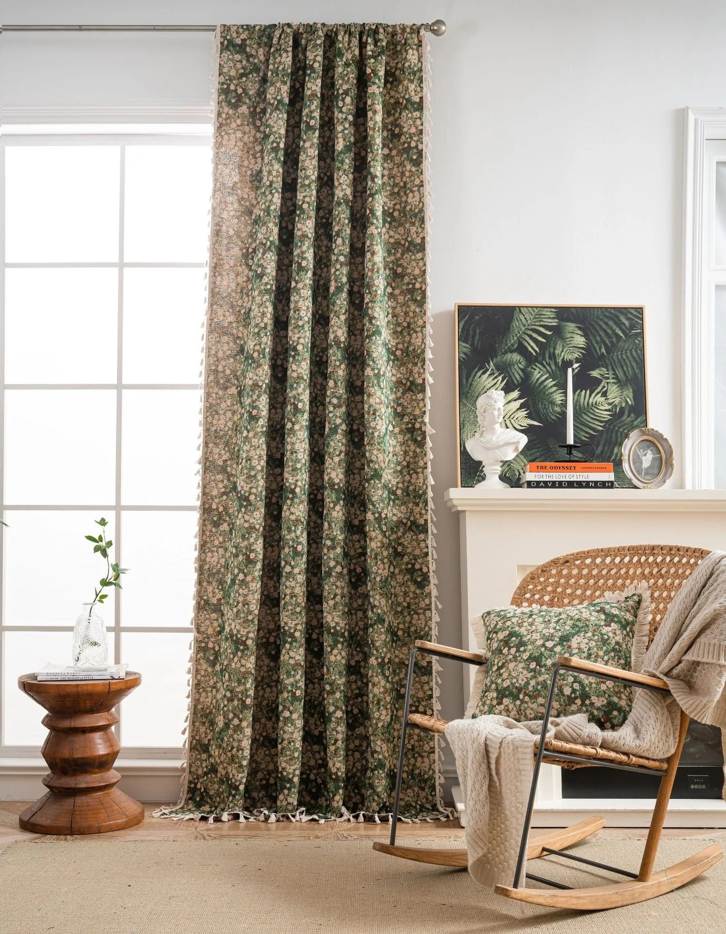 Soft Floral Curtain with Light-Filtering Fabric & Boho Tassel Trim