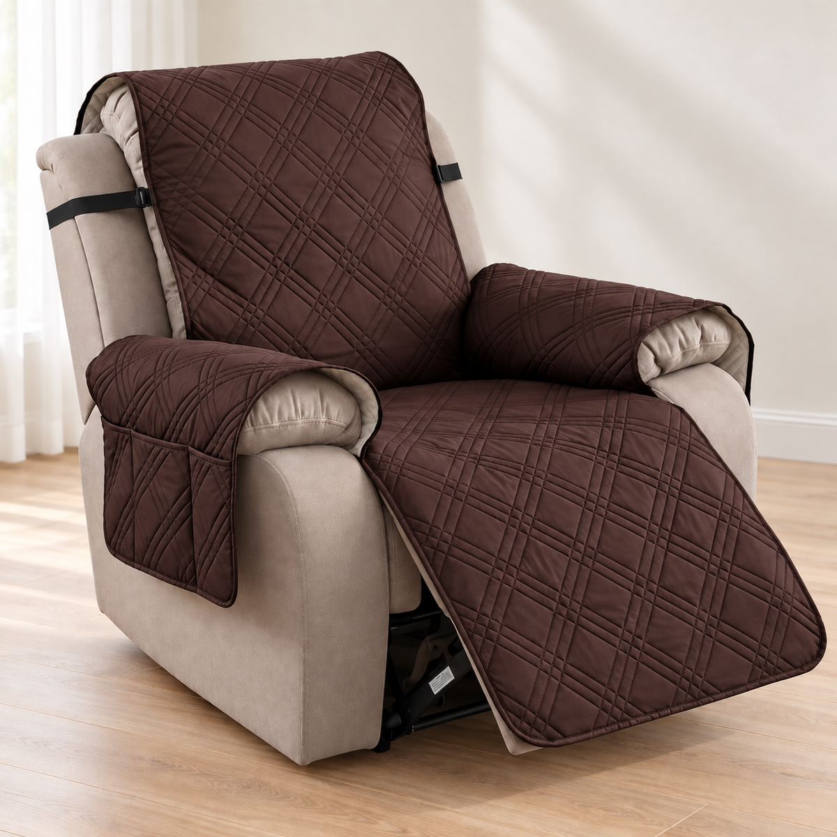 A quilted brown recliner chair cover with a diamond pattern, shown draped over a beige recliner in a bright room with light wood floors.
