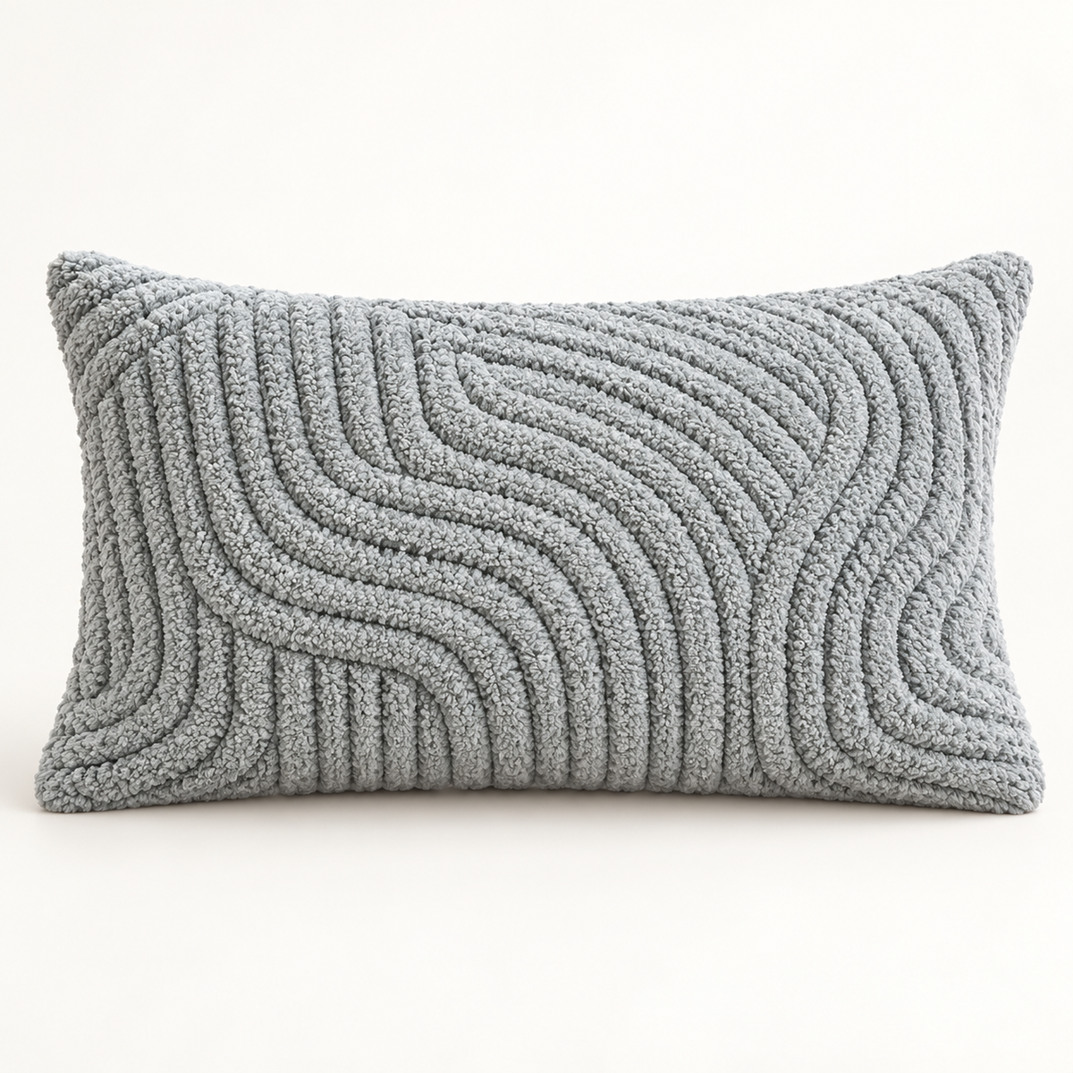 A rectangular lumbar throw pillow in a textured, chunky knit fabric with a wavy, ribbed pattern in a light gray color, shown against a plain white background.