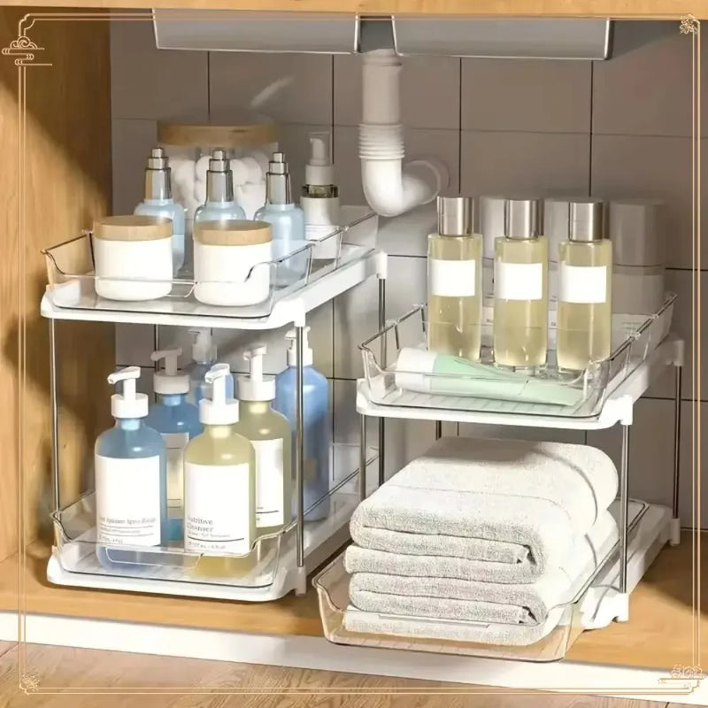 Clear acrylic 2-tier bathroom cabinet organizer featuring pull-out drawers for easy access. Ideal for under-sink storage, this versatile unit is perfect for both 0