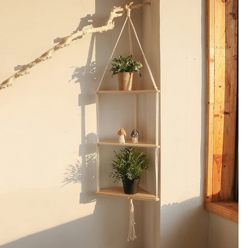 2-Tier Macrame Corner Wall Shelf - Rustic Boho Floating Shelf for Plants and Decor - Natural Wood & Cotton 0