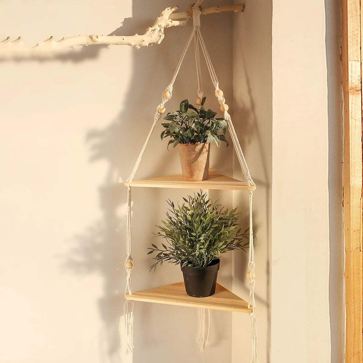 2-Tier Macrame Corner Wall Shelf - Rustic Boho Floating Shelf for Plants and Decor - Natural Wood & Cotton 1