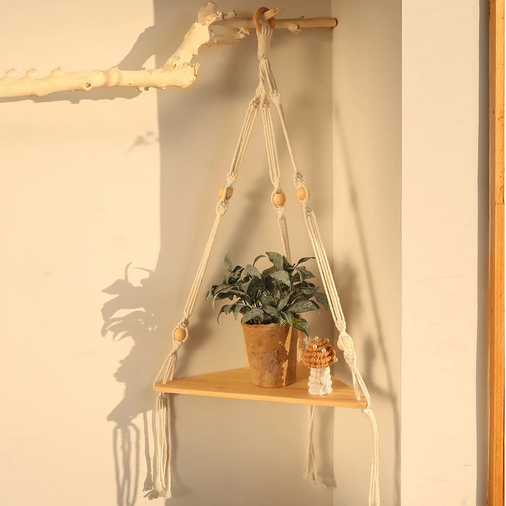 2-Tier Macrame Corner Wall Shelf - Rustic Boho Floating Shelf for Plants and Decor - Natural Wood & Cotton 2