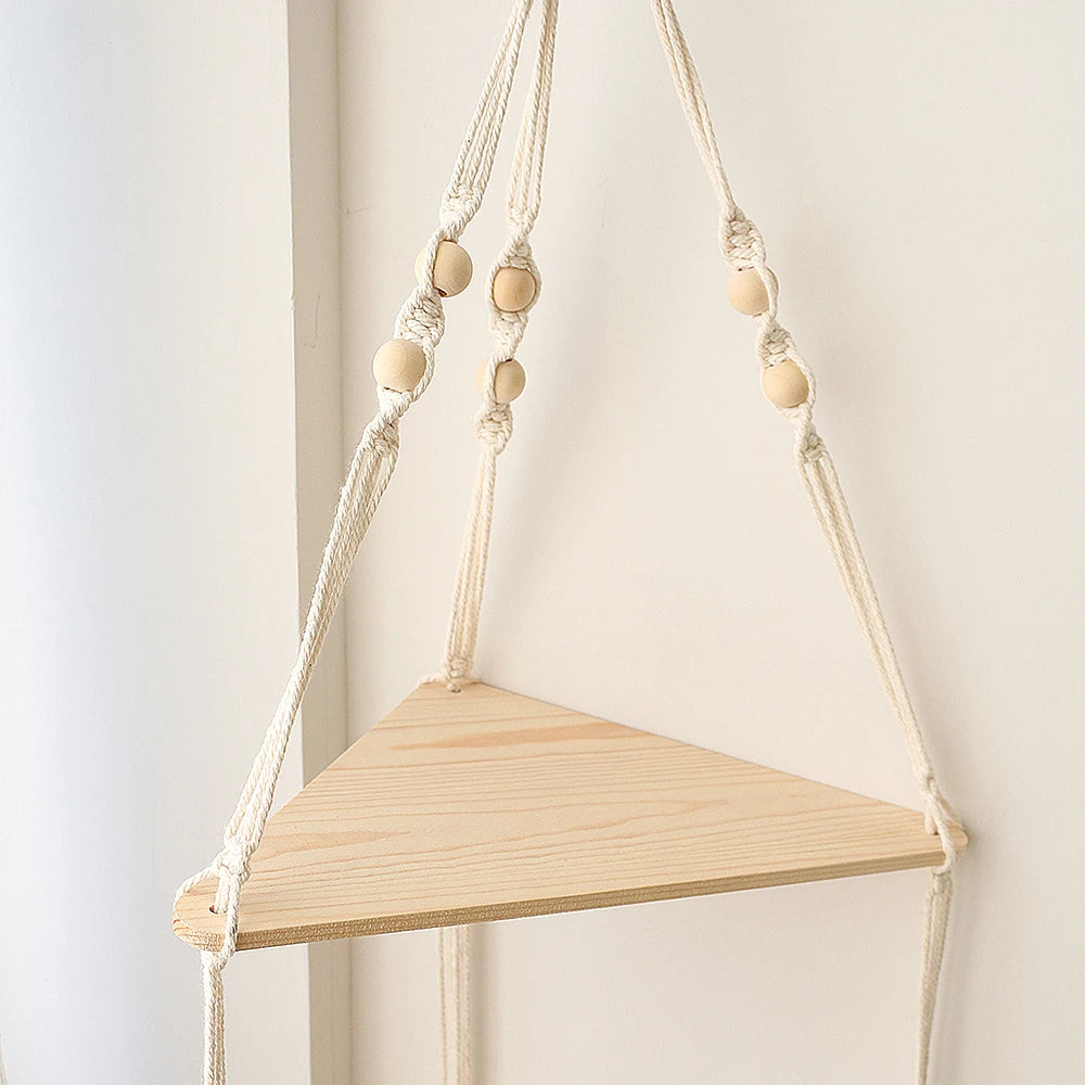 2-Tier Macrame Corner Wall Shelf - Rustic Boho Floating Shelf for Plants and Decor - Natural Wood & Cotton 3