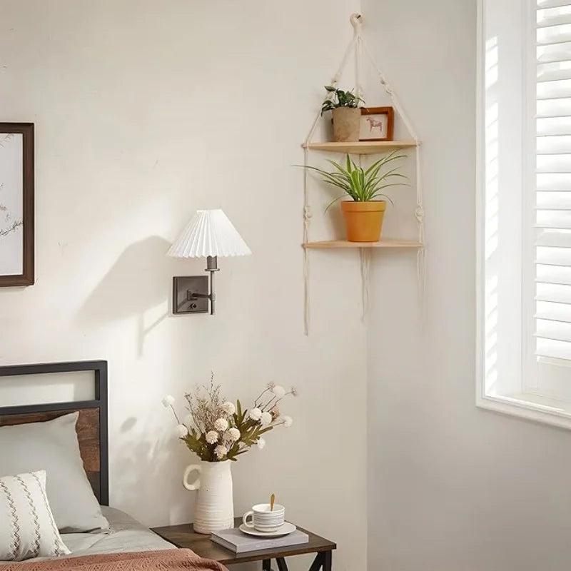 2-Tier Macrame Corner Wall Shelf - Rustic Boho Floating Shelf for Plants and Decor - Natural Wood & Cotton 5
