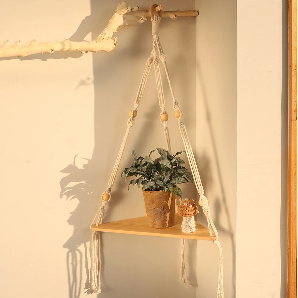 2-Tier Macrame Corner Wall Shelf - Rustic Boho Floating Shelf for Plants and Decor - Natural Wood & Cotton 6