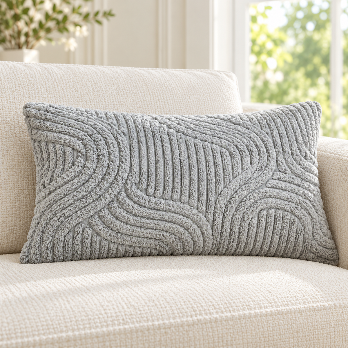 A rectangular gray textured lumbar pillow with a raised wavy pattern, resting on a cream-colored sofa in a bright, modern living room.
