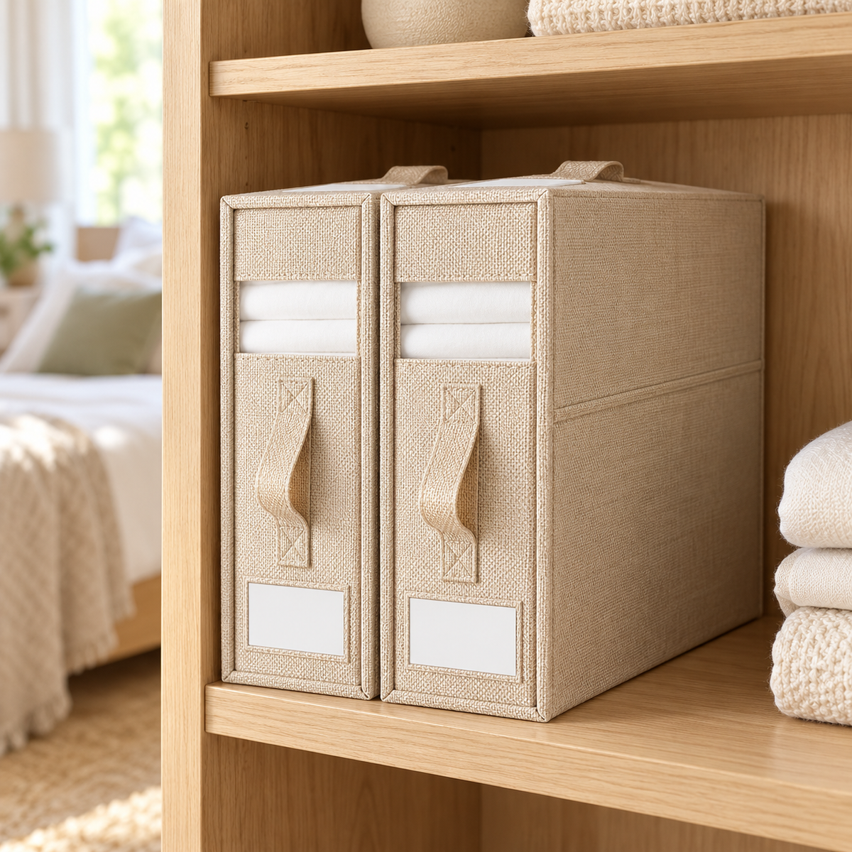 Two beige fabric file boxes with fabric handles and blank white labels, displayed on a light wood shelf in a bedroom setting.