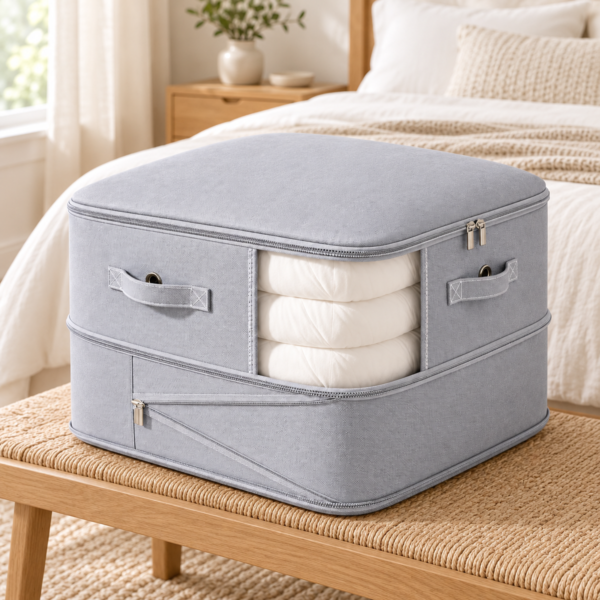A light gray fabric storage bag with a clear window showing folded white bedding inside, placed on a woven bench in a softly lit bedroom.