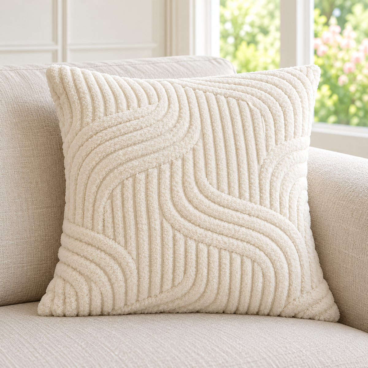 A square cream throw pillow with a raised wavy textured pattern, resting on a beige fabric sofa in front of a window.