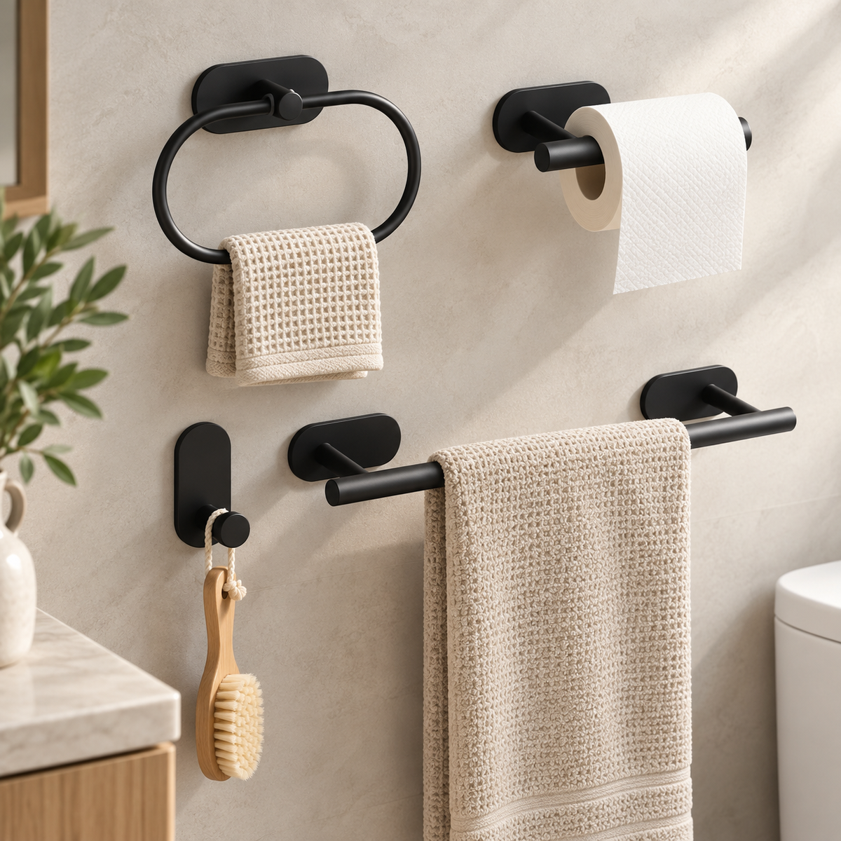 Black matte wall-mounted bathroom accessories including a towel ring with a beige waffle towel, a toilet paper holder with a roll of white paper, a towel bar with a beige towel, and a small hook with a wooden-handled brush, shown on a beige wall.