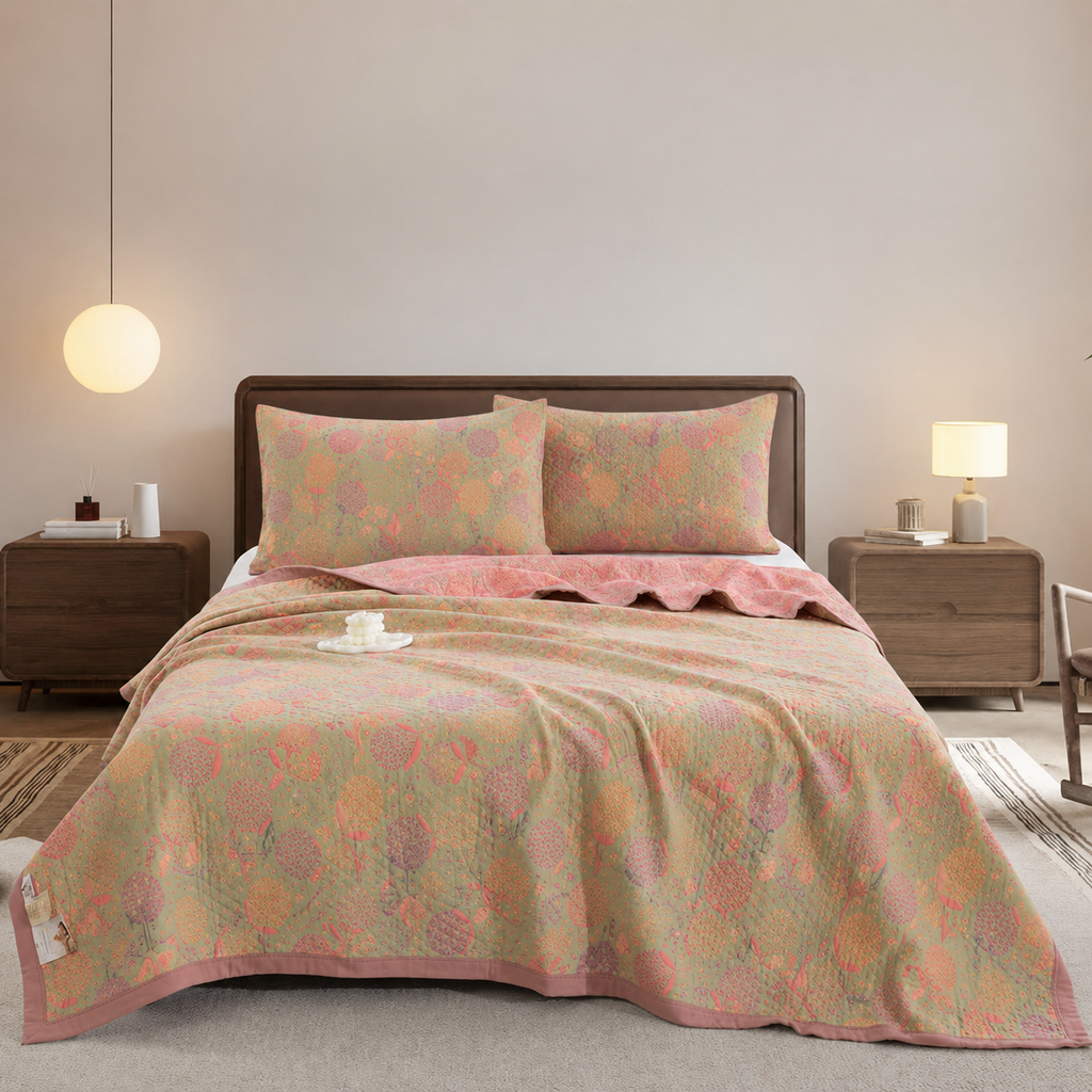 Cotton quilt – Orange ginkgo leaf pattern – Reversible design – Soft and breathable bedding