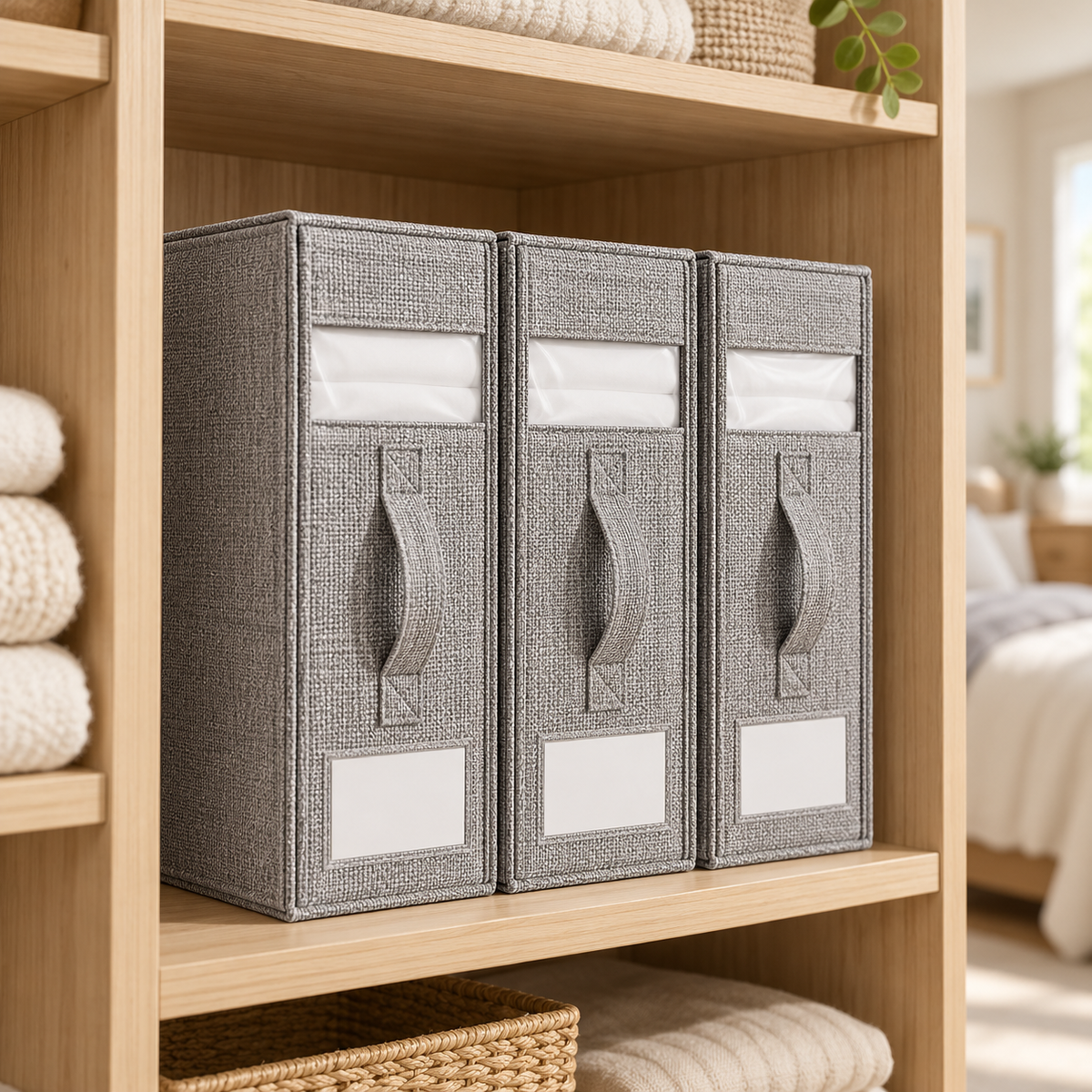 Three gray fabric storage organizers with fabric handles and white label pockets, arranged on a wooden shelf in a neatly organized bedroom or closet setting.