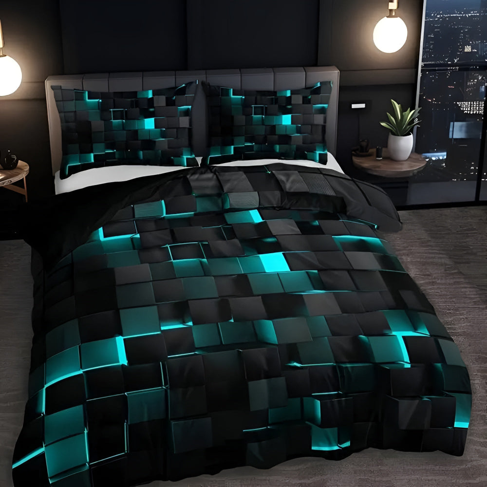 3-Piece Duvet Cover Set, Neon 3D Grid Print, Soft Microfiber and Cotton Blend, Queen Size Bed Covers with 2 Pillowcases 2