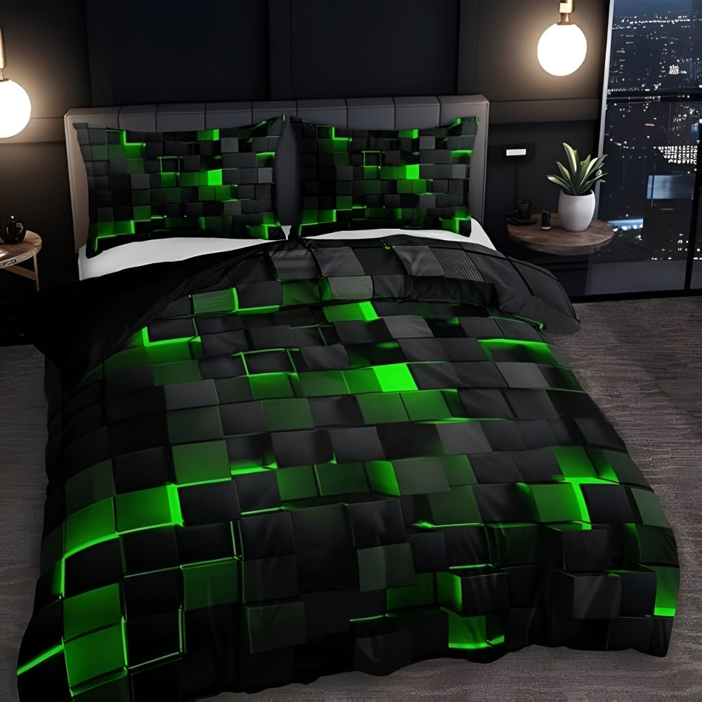 3-Piece Duvet Cover Set, Neon 3D Grid Print, Soft Microfiber and Cotton Blend, Queen Size Bed Covers with 2 Pillowcases 5
