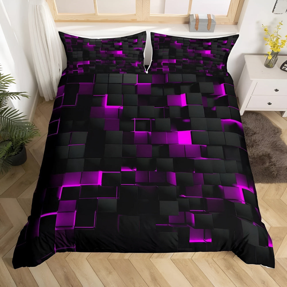 3-Piece Duvet Cover Set, Neon 3D Grid Print, Soft Microfiber and Cotton Blend, Queen Size Bed Covers with 2 Pillowcases 6