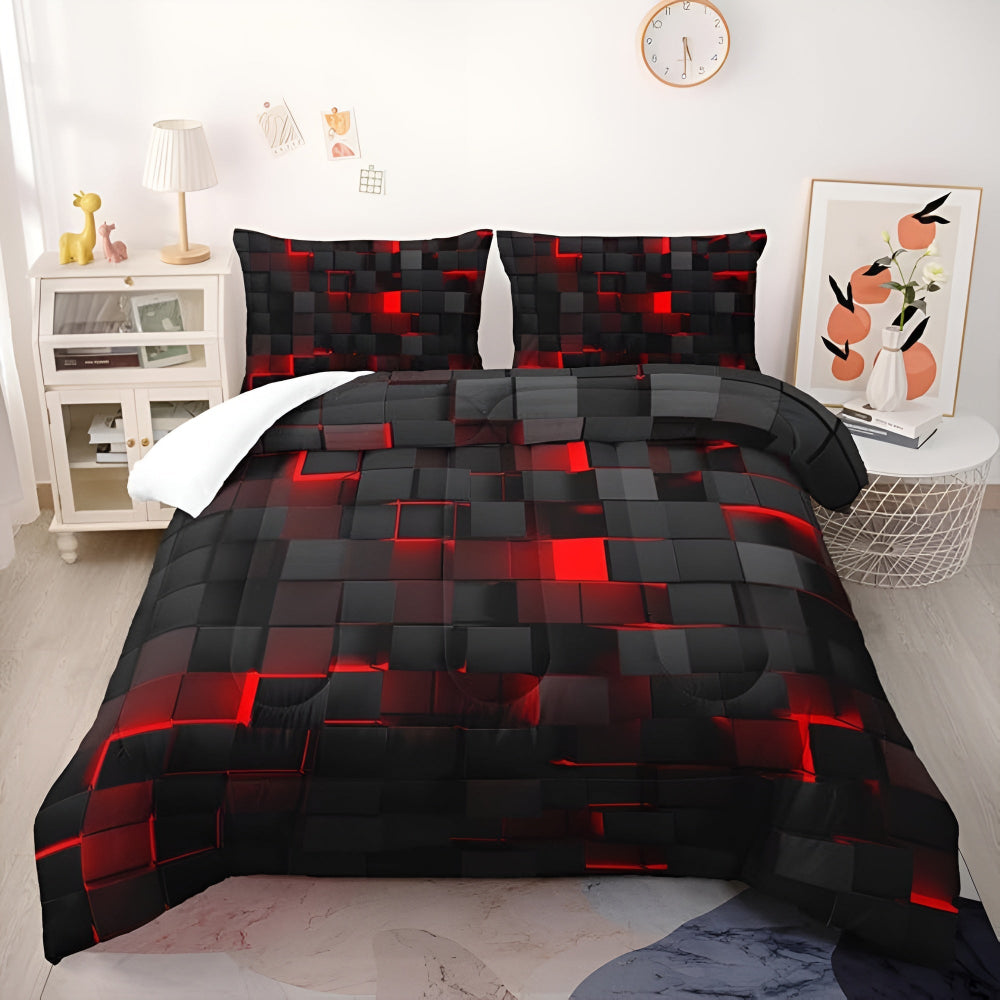 3-Piece Duvet Cover Set, Neon 3D Grid Print, Soft Microfiber and Cotton Blend, Queen Size Bed Covers with 2 Pillowcases 7