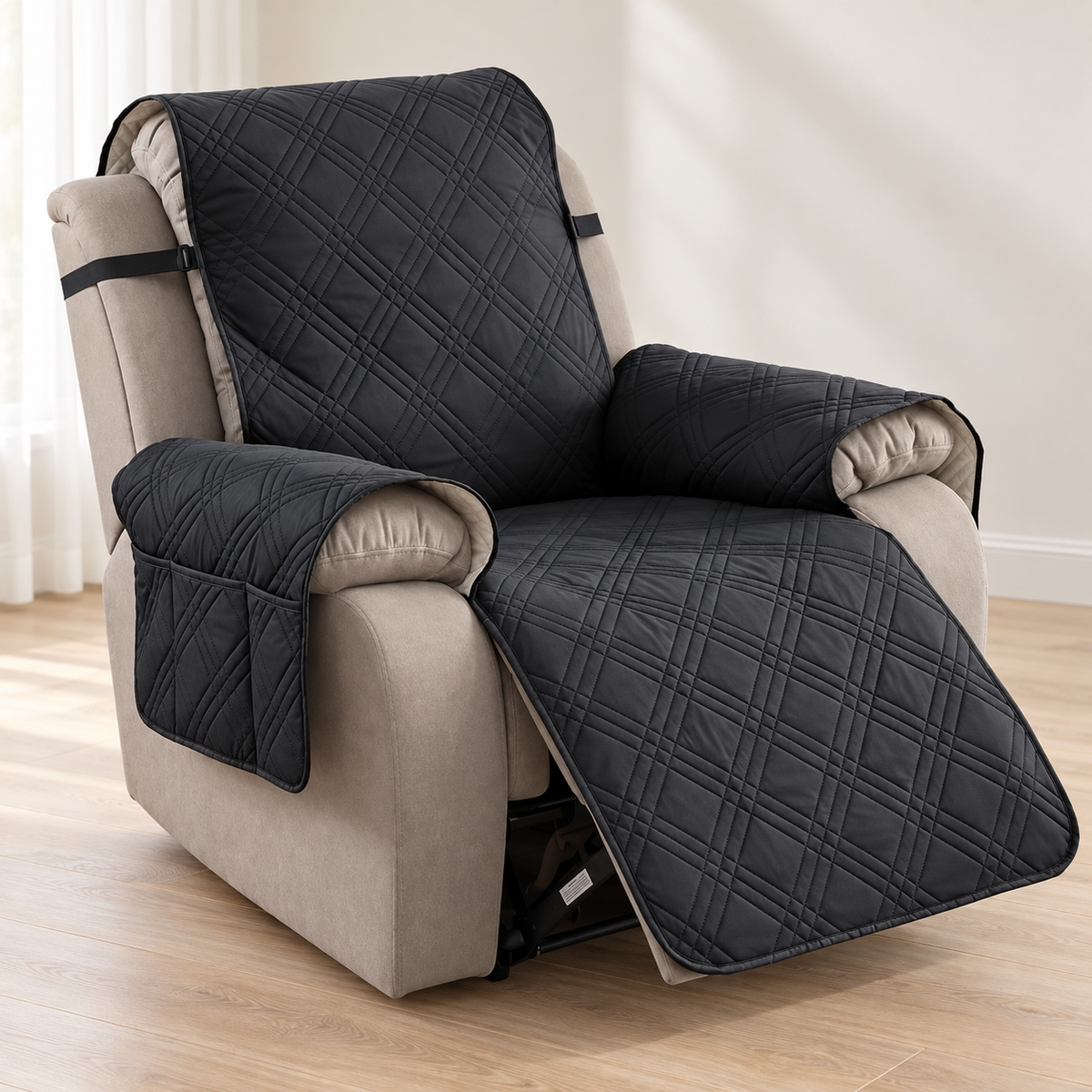 A black quilted recliner cover with matching armrest and back covers, shown draped over a beige recliner chair in a bright indoor room with light wood flooring.