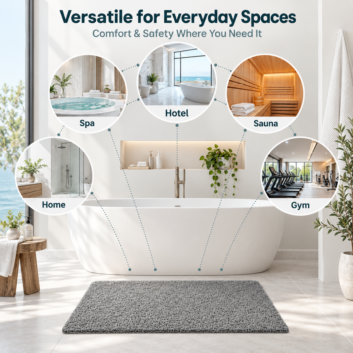 A freestanding bathtub in a bright bathroom setting with a gray bath mat in front, surrounded by circular inset photos showing use cases: Spa, Hotel, Sauna, Home, and Gym. Text at the top reads, 'Versatile for Everyday Spaces' and 'Comfort & Safety Where You Need It.