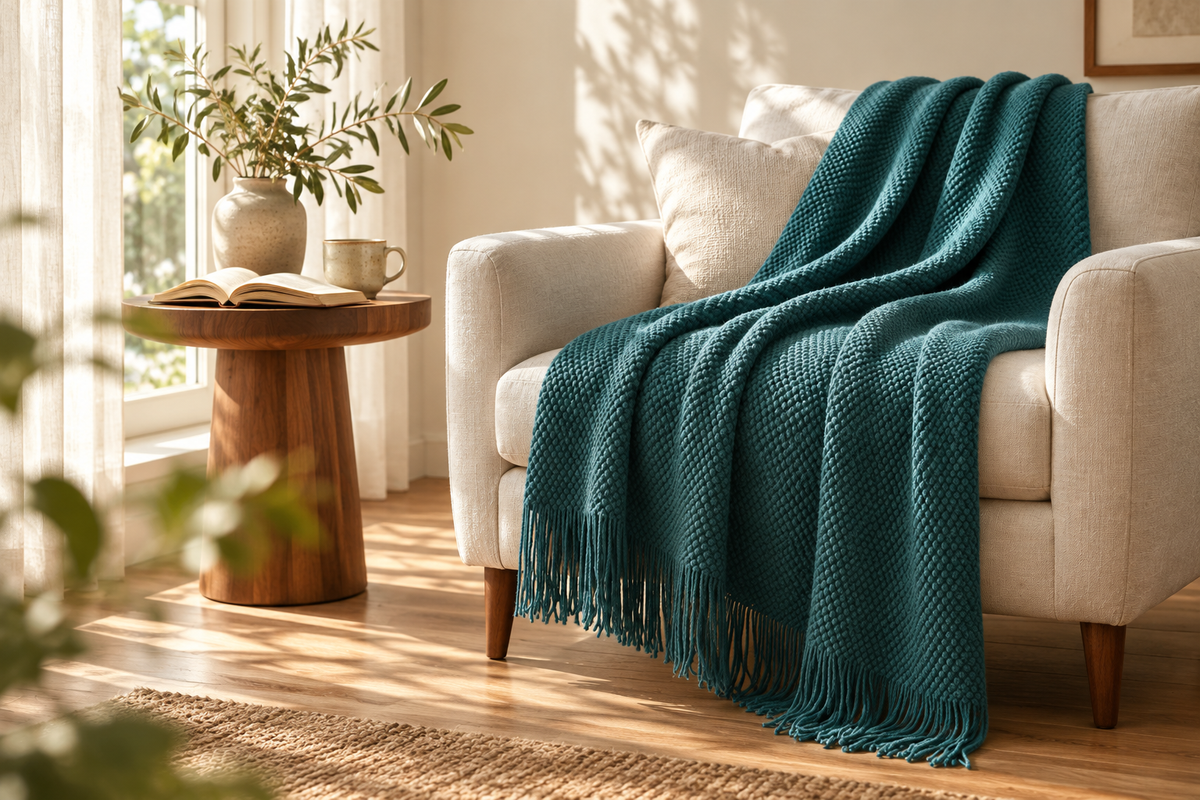 Teal knit throw blanket with fringed edges draped over a cream armchair beside a sunlit window. A wooden side table holds an open book, ceramic mug, and vase.