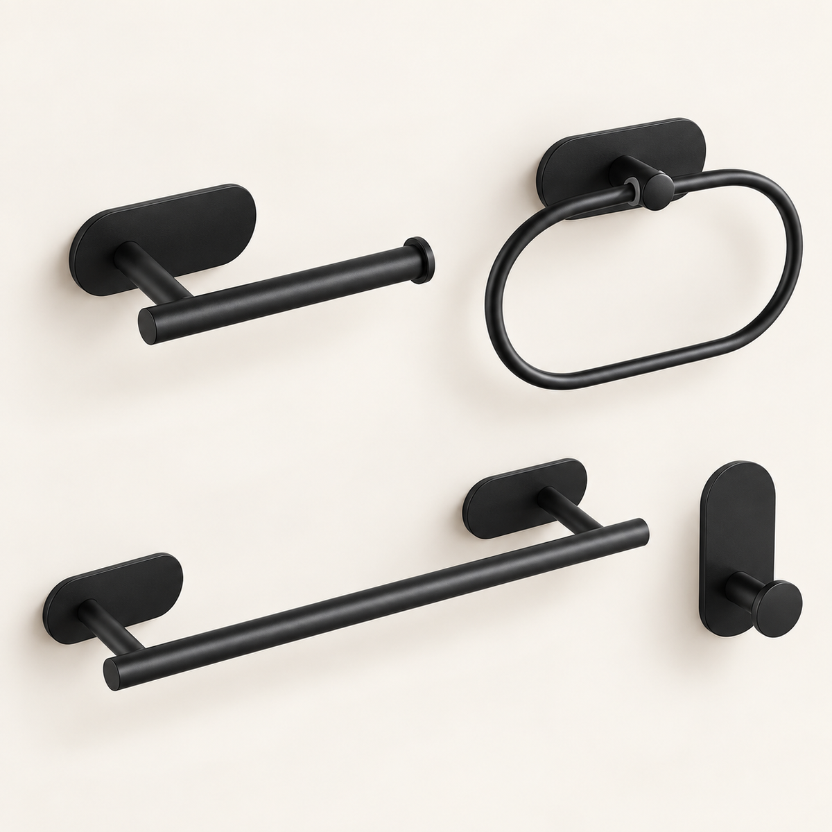 Four-piece matte black bathroom hardware set including a towel bar, toilet paper holder, hook, and wall hook, shown on a light beige background.