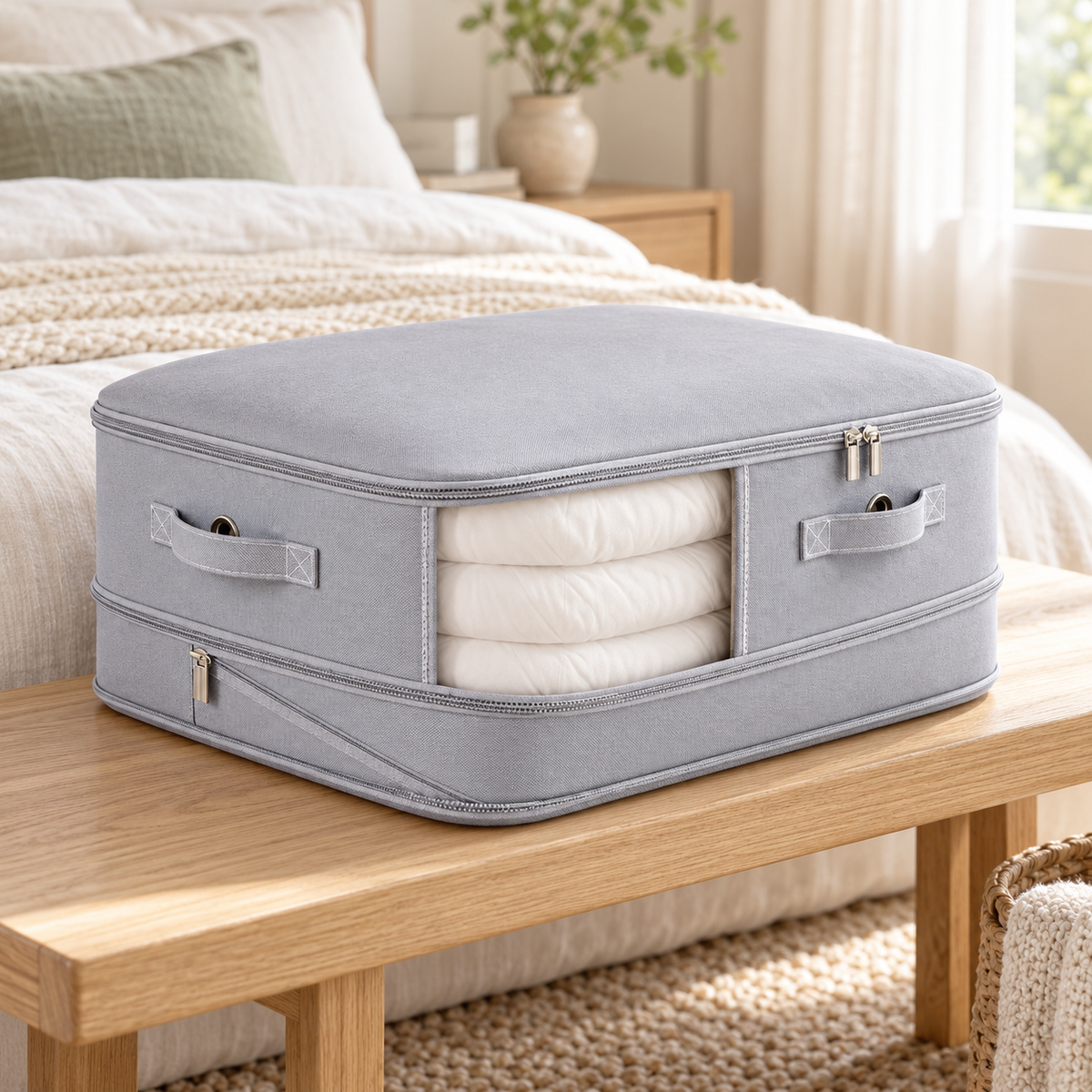 A light gray fabric storage box with a zippered top and side handles sits on a wooden table in a softly lit bedroom. A folded white pillow or cushion is visible through a front window, and the background shows a bed, curtains, and a vase.