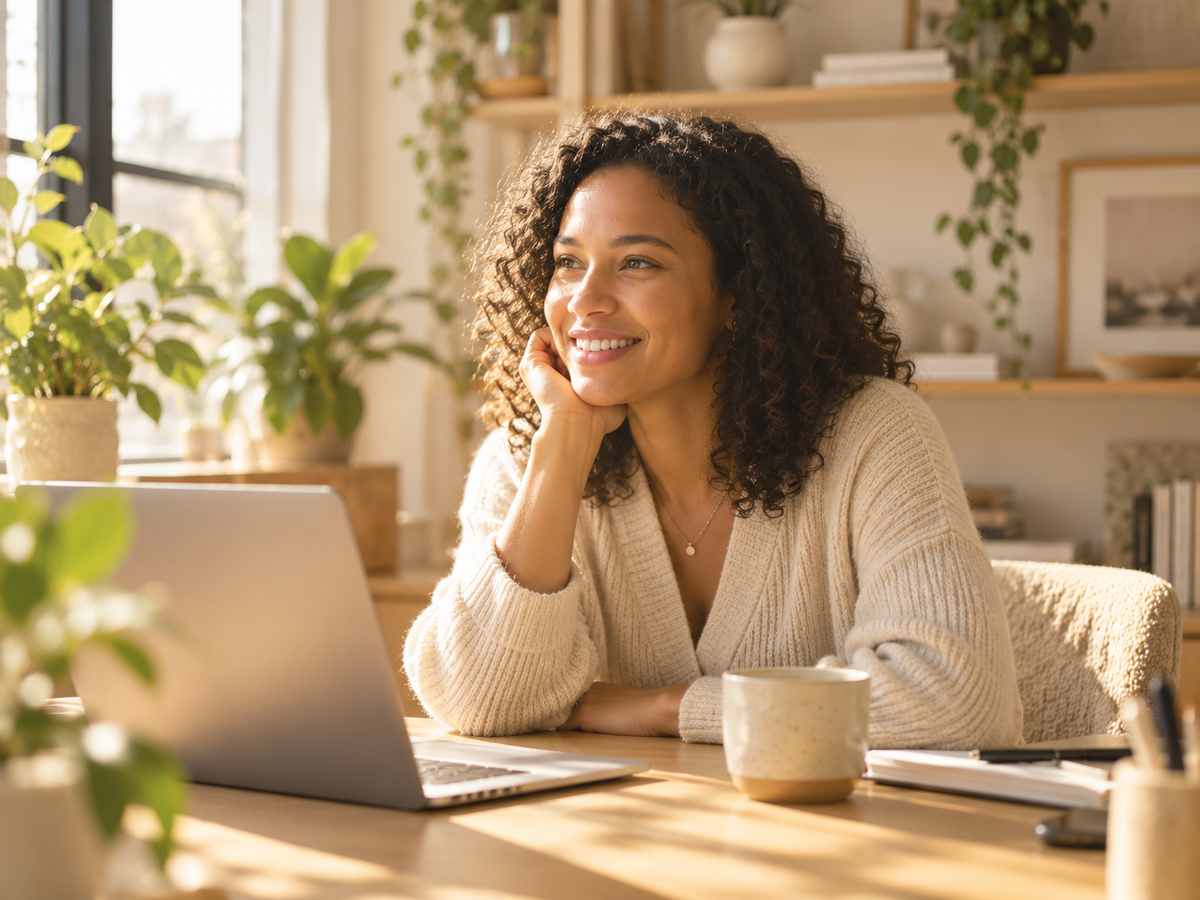 A smiling woman with curly hair sits at a wooden desk in a bright, plant-filled room, looking thoughtfully to the side while using a laptop. She wears a cream ribbed sweater, and a ceramic mug sits on the desk in front of her.