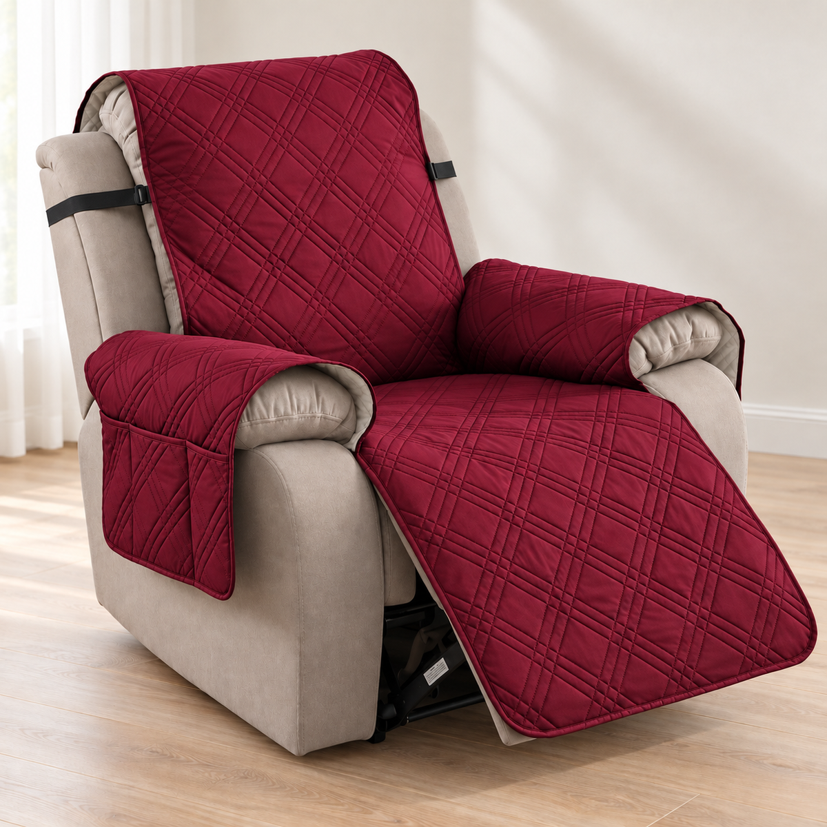 A beige upholstered recliner chair with a quilted burgundy red protective cover draped over it, shown in a bright indoor room with light wood flooring and white walls.