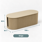 An oval-shaped beige ribbed storage box or furniture piece shown on a light gray background with dimension lines indicating 4.3 in height, 5.