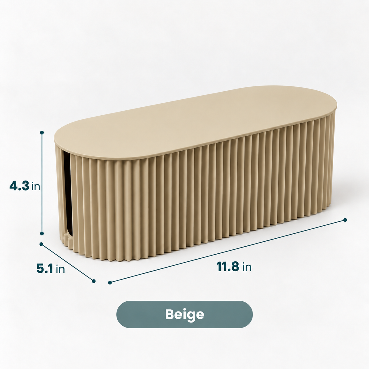 An oval-shaped beige ribbed storage box or furniture piece shown on a light gray background with dimension lines indicating 4.3 in height, 5.